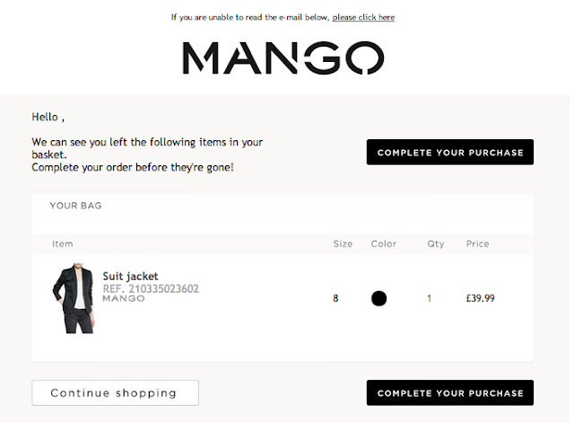 Abandoned cart reminder email by Mango