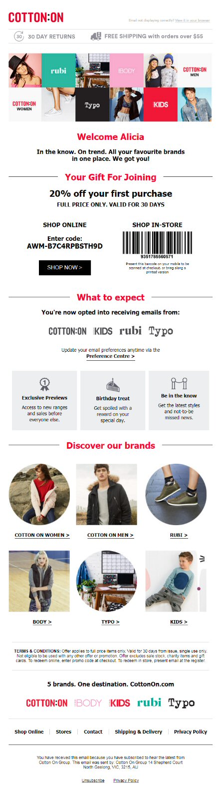 Welcome email by Cotton On
