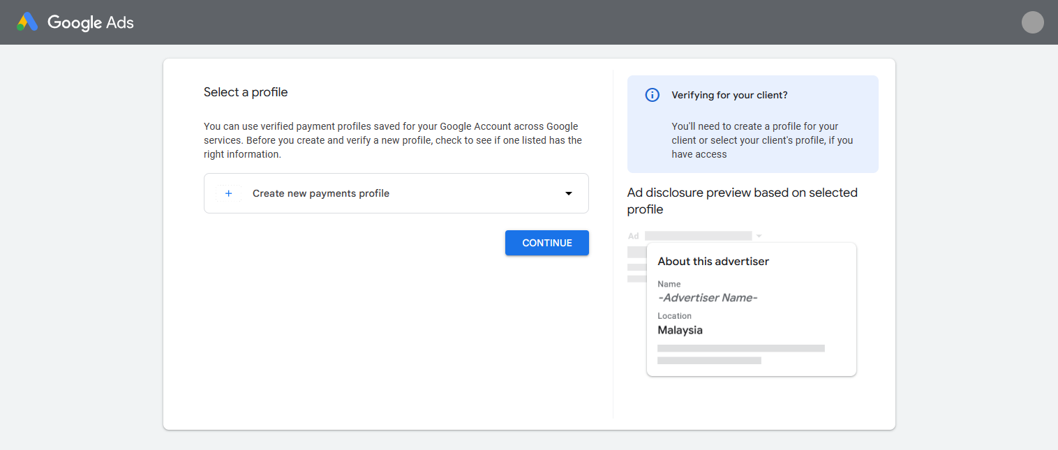 Google Advertiser Verification - Payments Profile